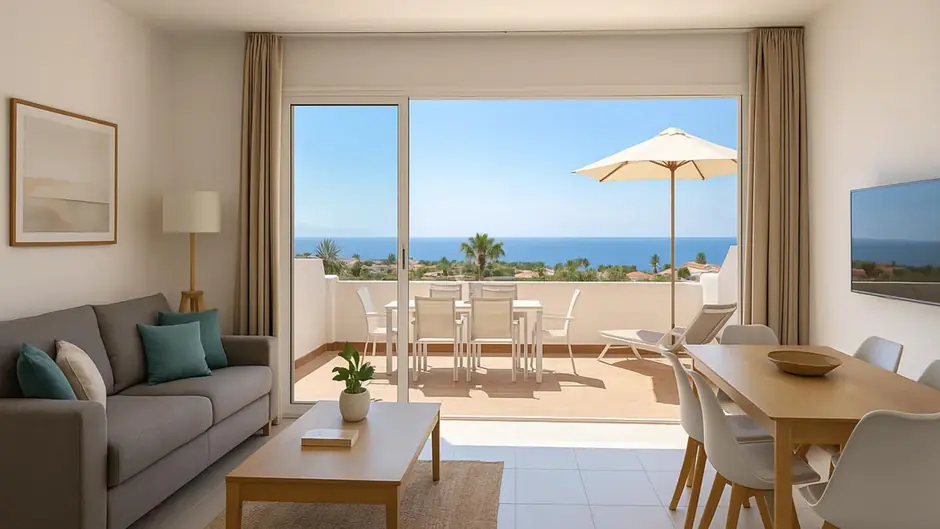 Modern living room with ocean view balcony.