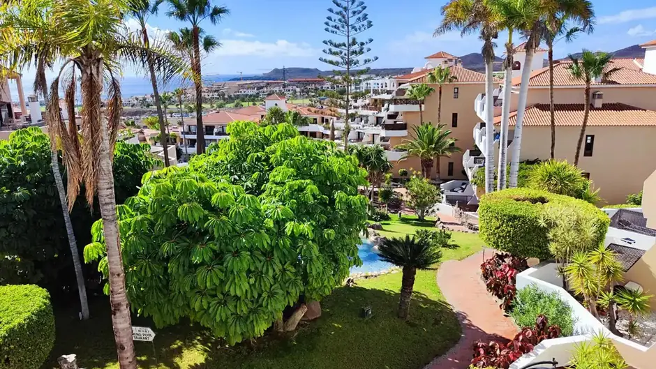 Tropical garden with palm trees and resort buildings.