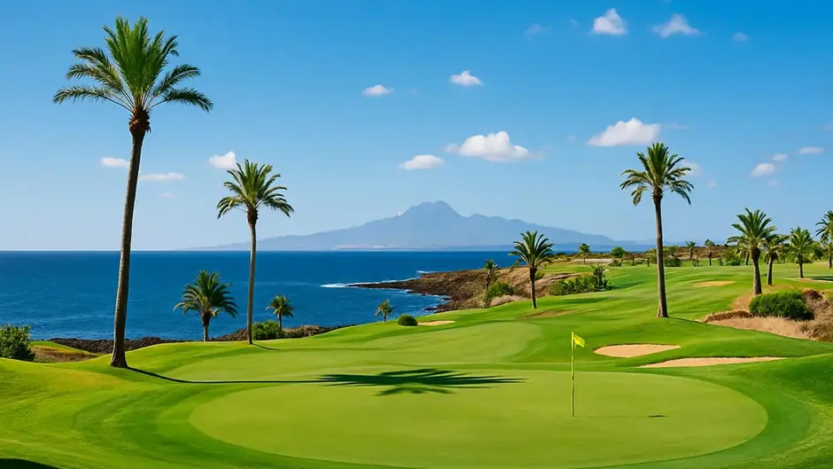 Tropical golf course by the ocean with clubhouse.