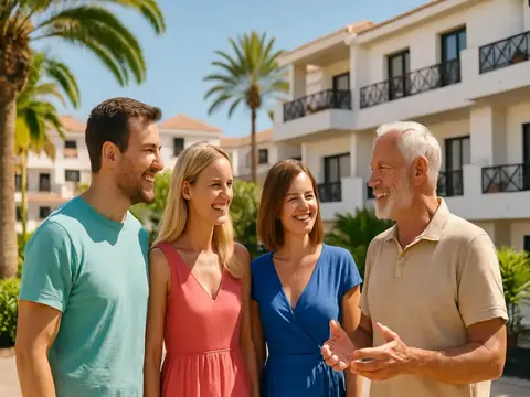 Group smiling outside modern building