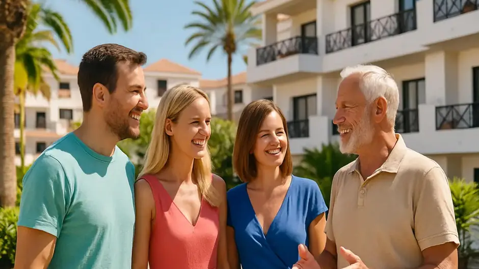 Group smiling outside modern building