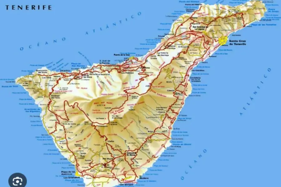 Map of Tenerife island showing cities, roads and regions