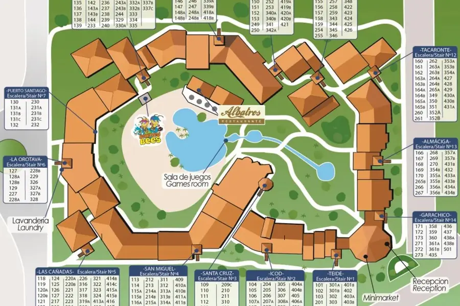 Parque Albatros resort map showing apartment blocks, pool, restaurant, reception and amenities, Golf del Sur, Tenerife