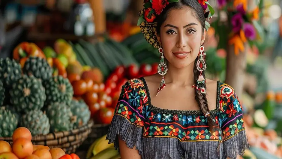 Woman in colorful traditional dress at fruit market.
