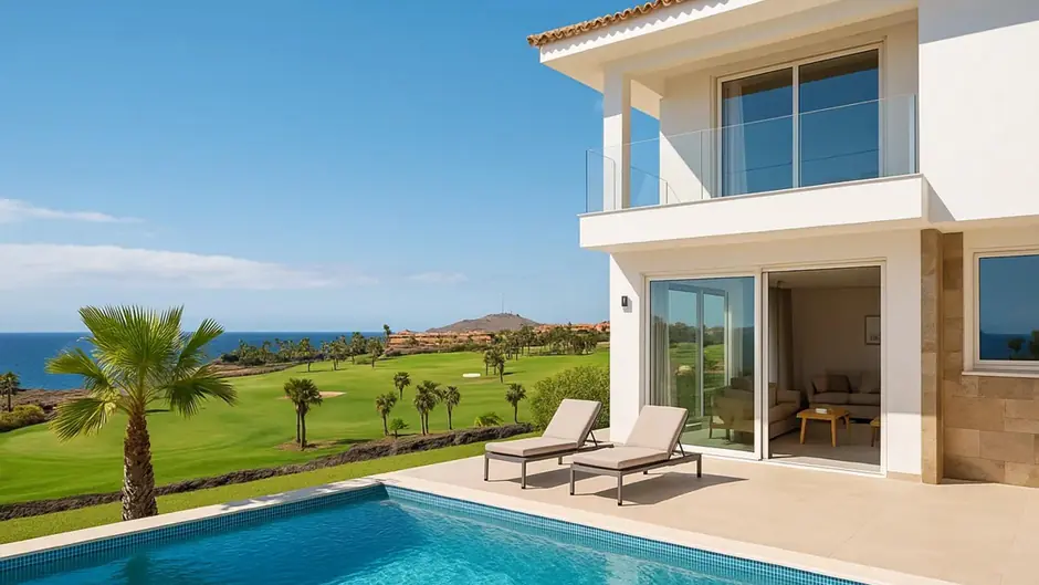 Luxurious villa with pool overlooking golf course and ocean.