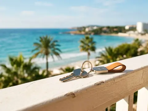 Apartment key on a white balcony railing with turquoise ocean and palm trees in the background, Tenerife