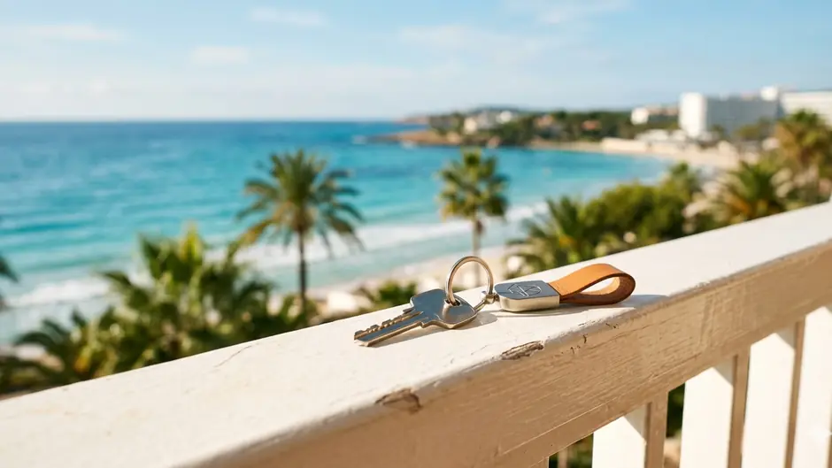 Apartment key on a white balcony railing with turquoise ocean and palm trees in the background, Tenerife
