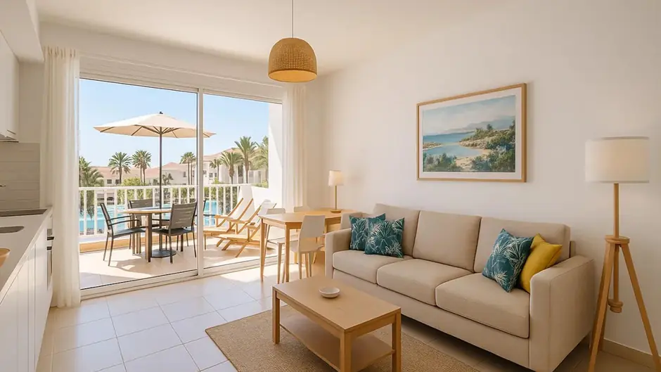 Bright living room with balcony view.