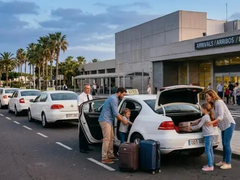 Rodina s kufry nastupuje do taxíku před příletovou halou letiště Tenerife Sur