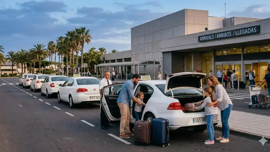 Rodzina z bagażem wsiada do taksówki przed halą przylotów lotniska Tenerife Sur