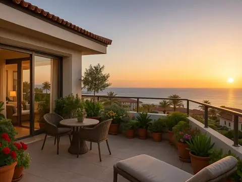 Oceanview balcony at sunset with vibrant plants.