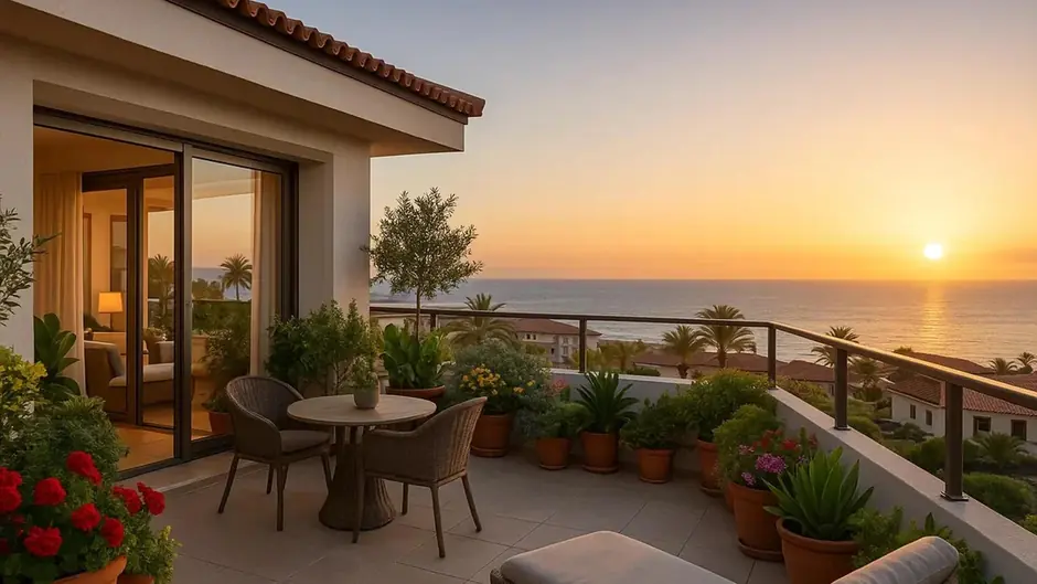Oceanview balcony at sunset with vibrant plants.