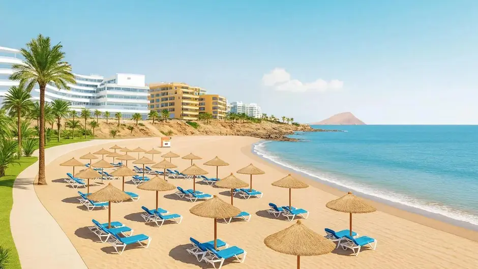 Sunny beach with umbrellas and modern hotels