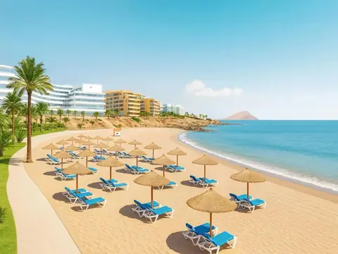 Sunny beach with umbrellas and modern hotels