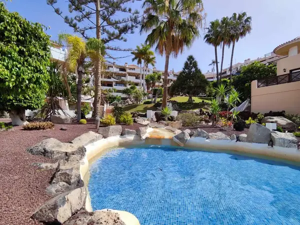 Natural rock-edged pool area with palm trees at Parque Albatros resort, Golf del Sur, Tenerife
