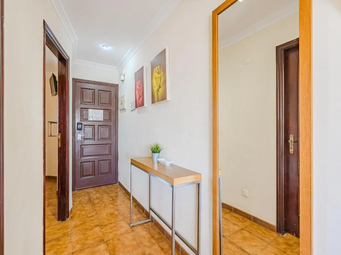 Bright hallway with mirror and wooden door.