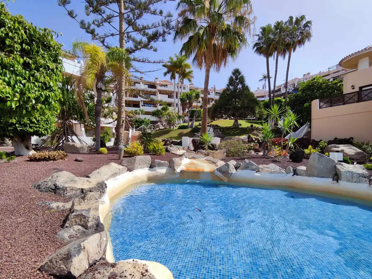 Tropical garden with pool and palm trees