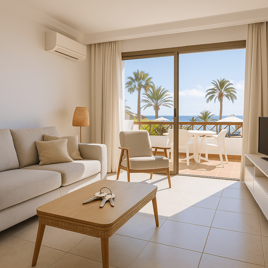 Cozy living room with ocean-view balcony.