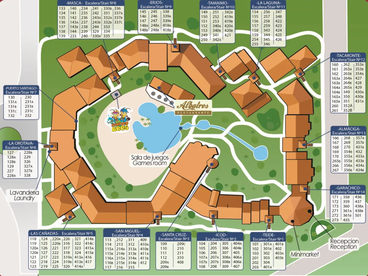 Resort layout map with room numbers and facilities.