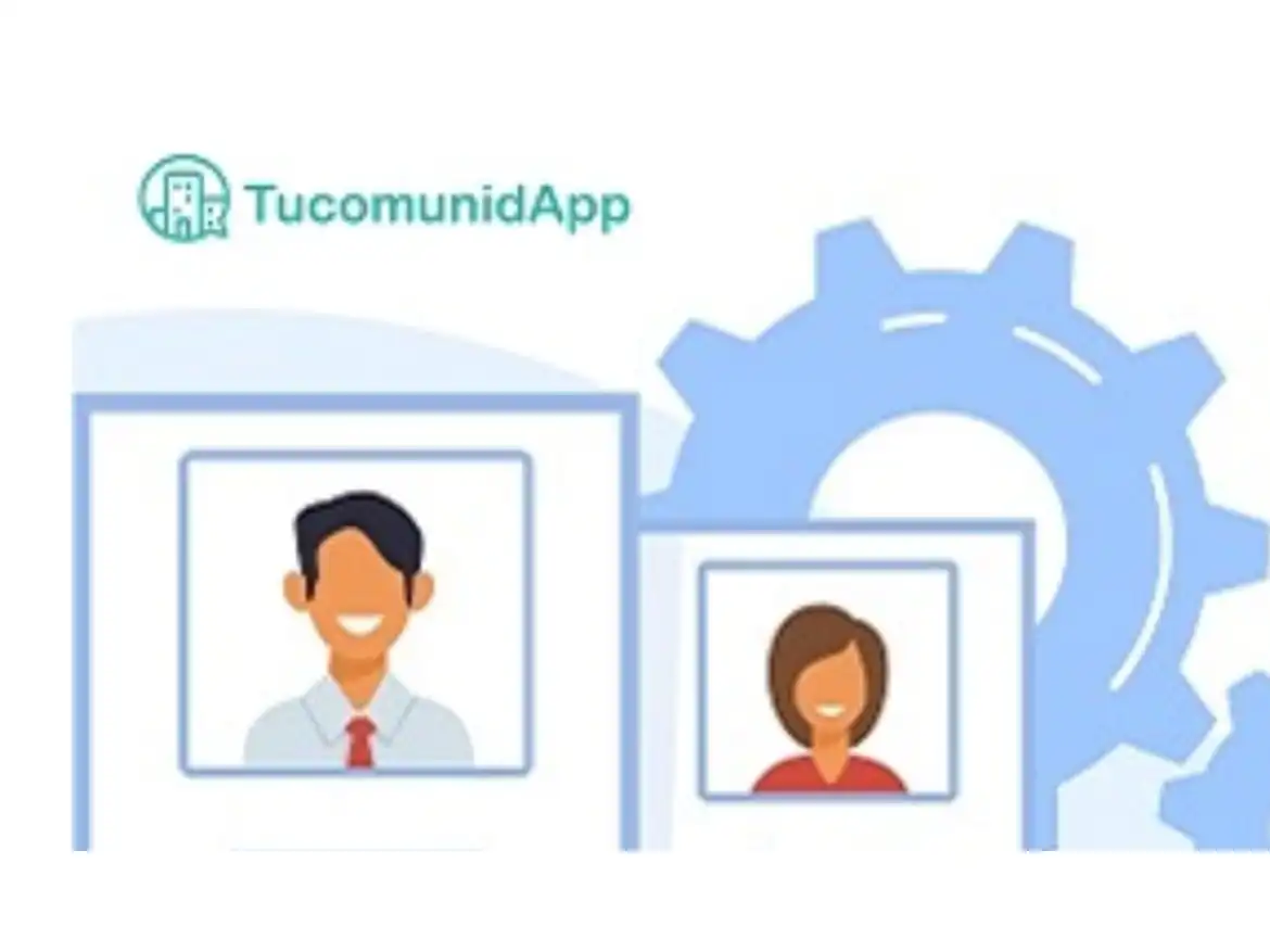 TucomunidApp logo with avatar illustrations and gear.