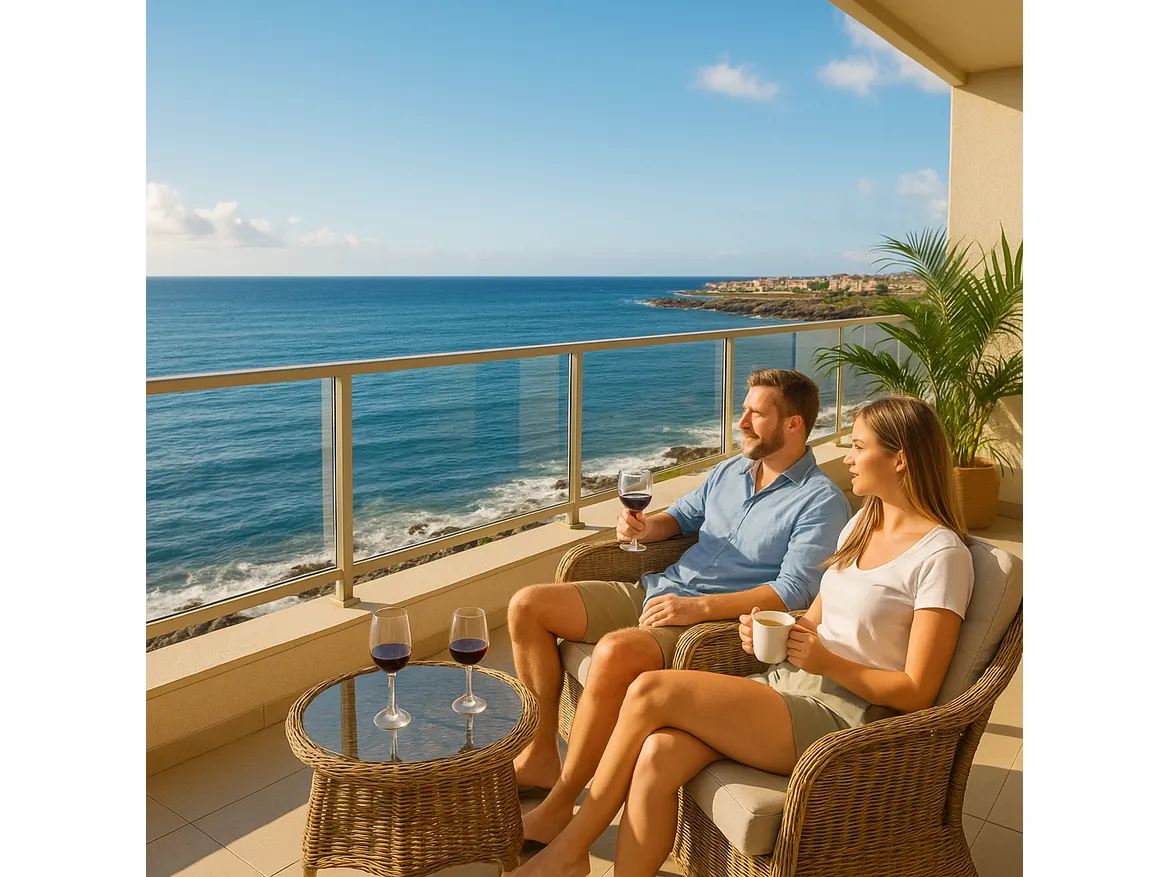 Couple enjoying ocean view from balcony.