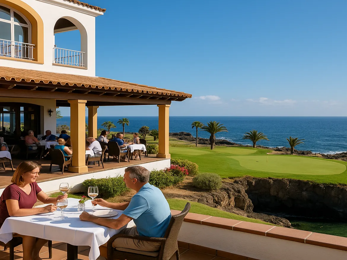 Couple dining at seaside golf resort terrace.