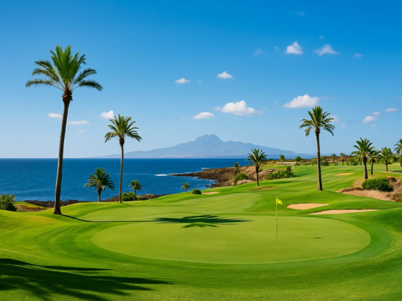 Oceanfront golf course with palm trees and mountains.