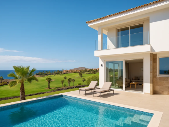 Luxurious villa with pool overlooking golf course and ocean.