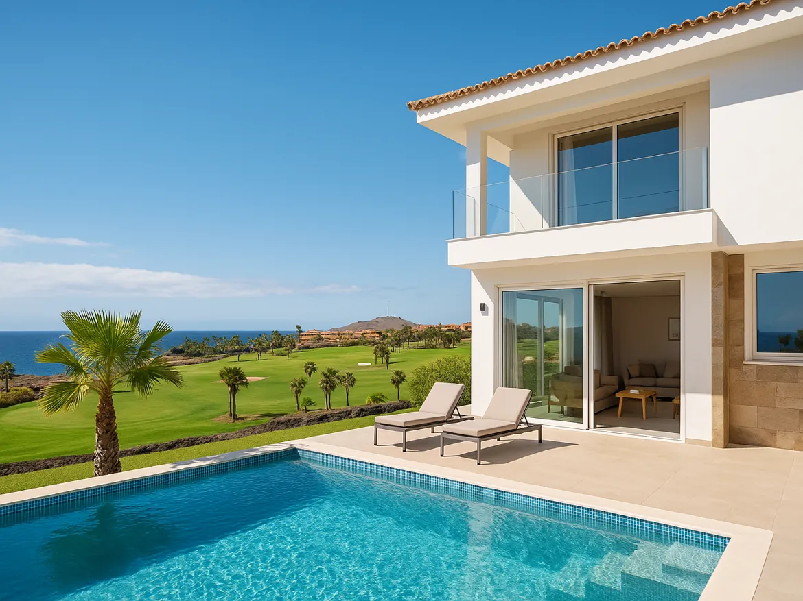 Luxurious villa with pool overlooking golf course and ocean.