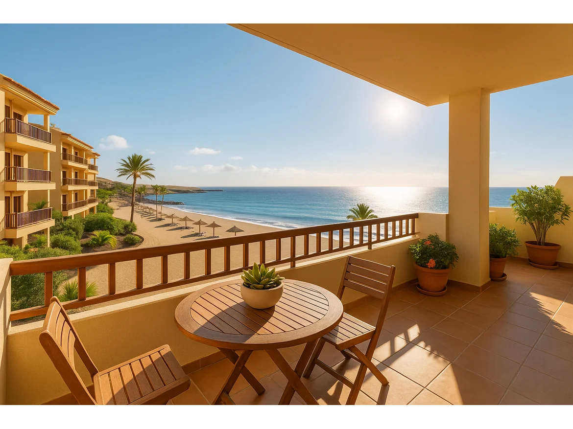 Beachfront balcony with ocean view and sunrise.