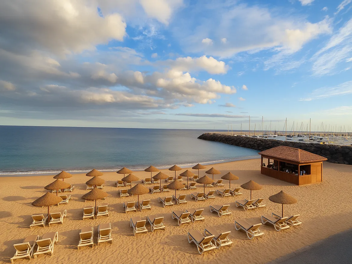 Peaceful beach with lounge chairs and ocean view.