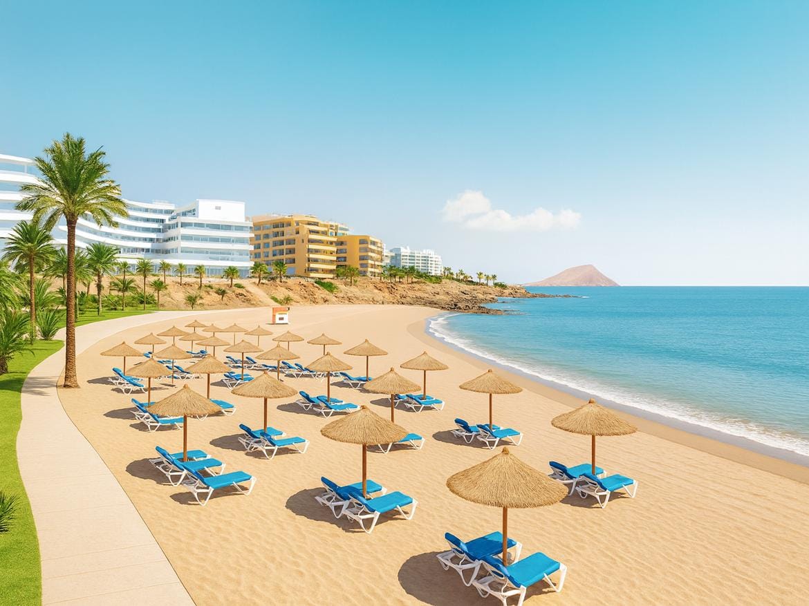 Sunny beach with umbrellas and modern hotels
