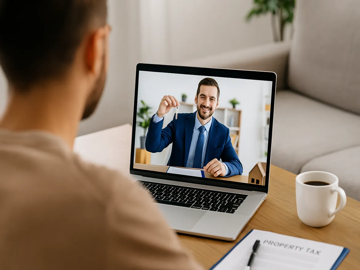 Man in video call discussing real estate keys.