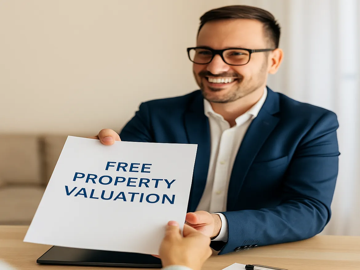 Smiling man offering free property valuation document.