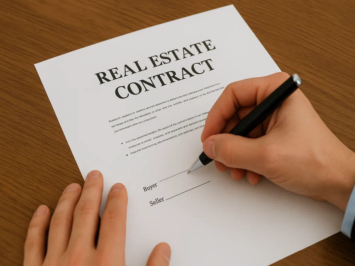 Signing a real estate contract document.