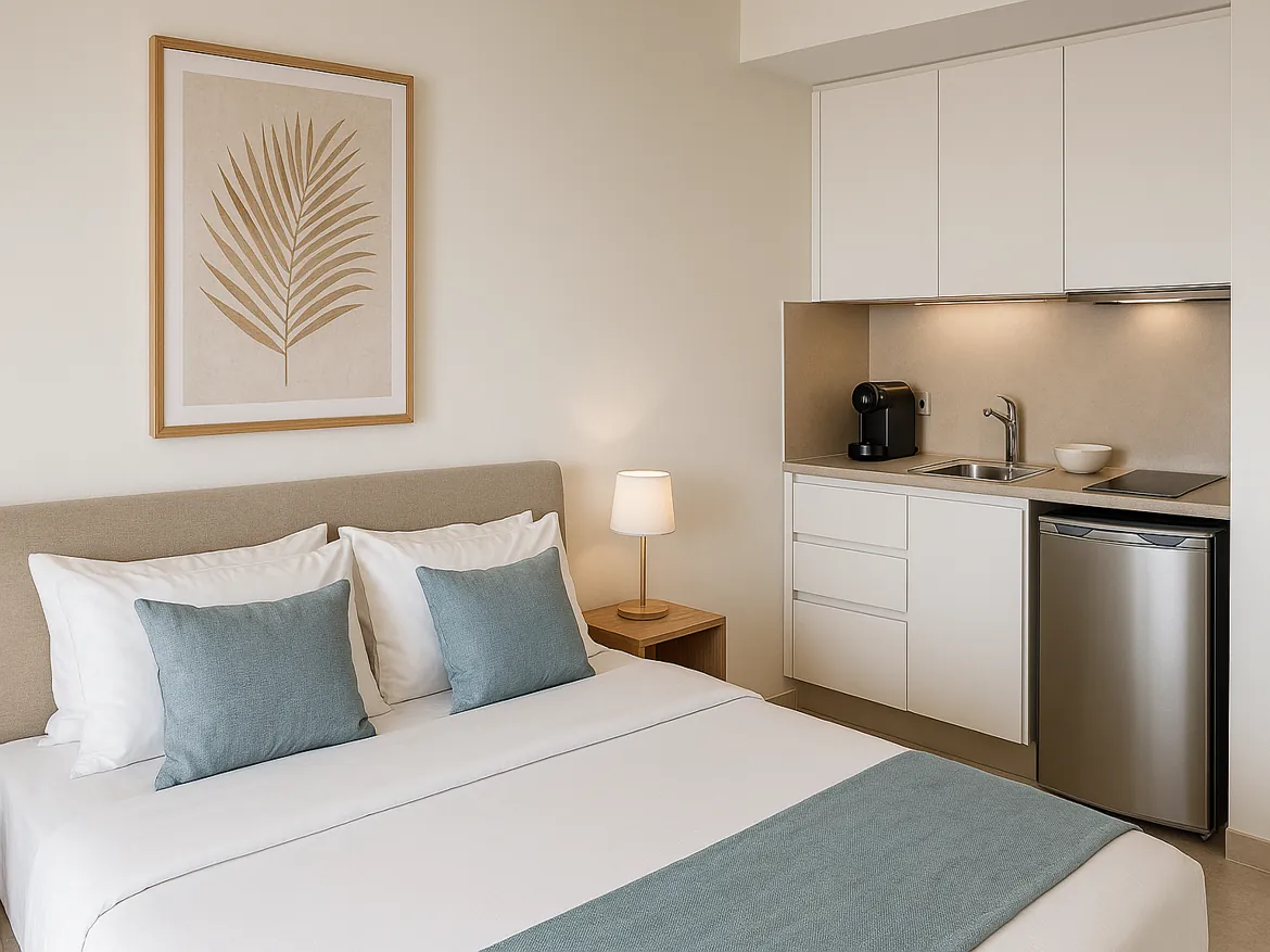 Modern hotel room with kitchenette and artwork