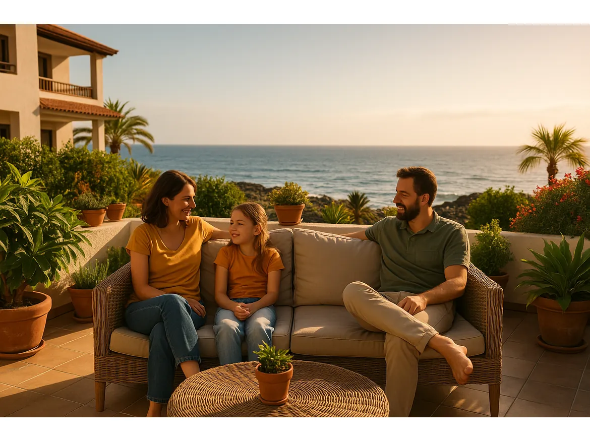 Family enjoying sunset on terrace overlooking ocean.