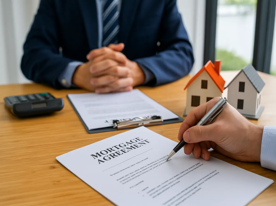 Signing mortgage agreement with miniature houses