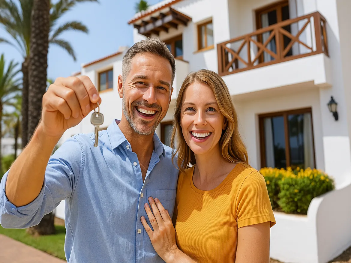 Couple holding house key outside new home.