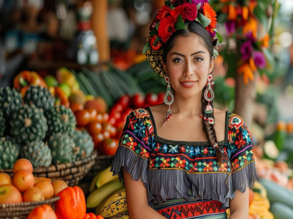 Woman in colorful traditional dress at fruit market.