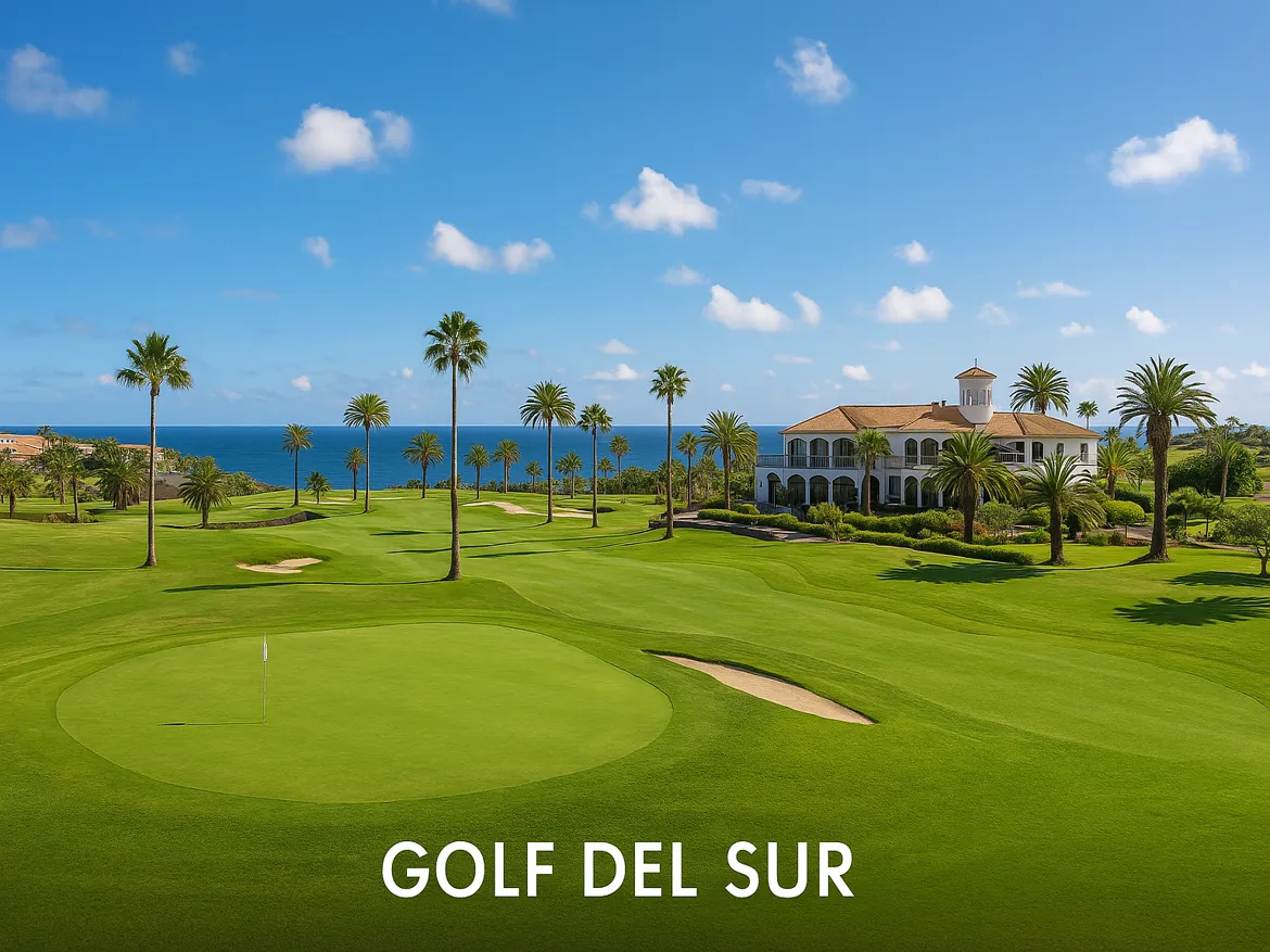 Tropical golf course by the ocean with clubhouse.