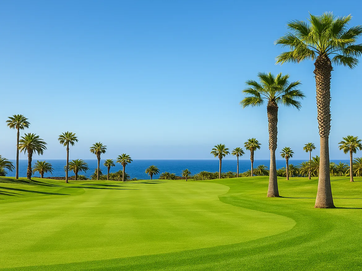 Palm trees on a golf course by the ocean.