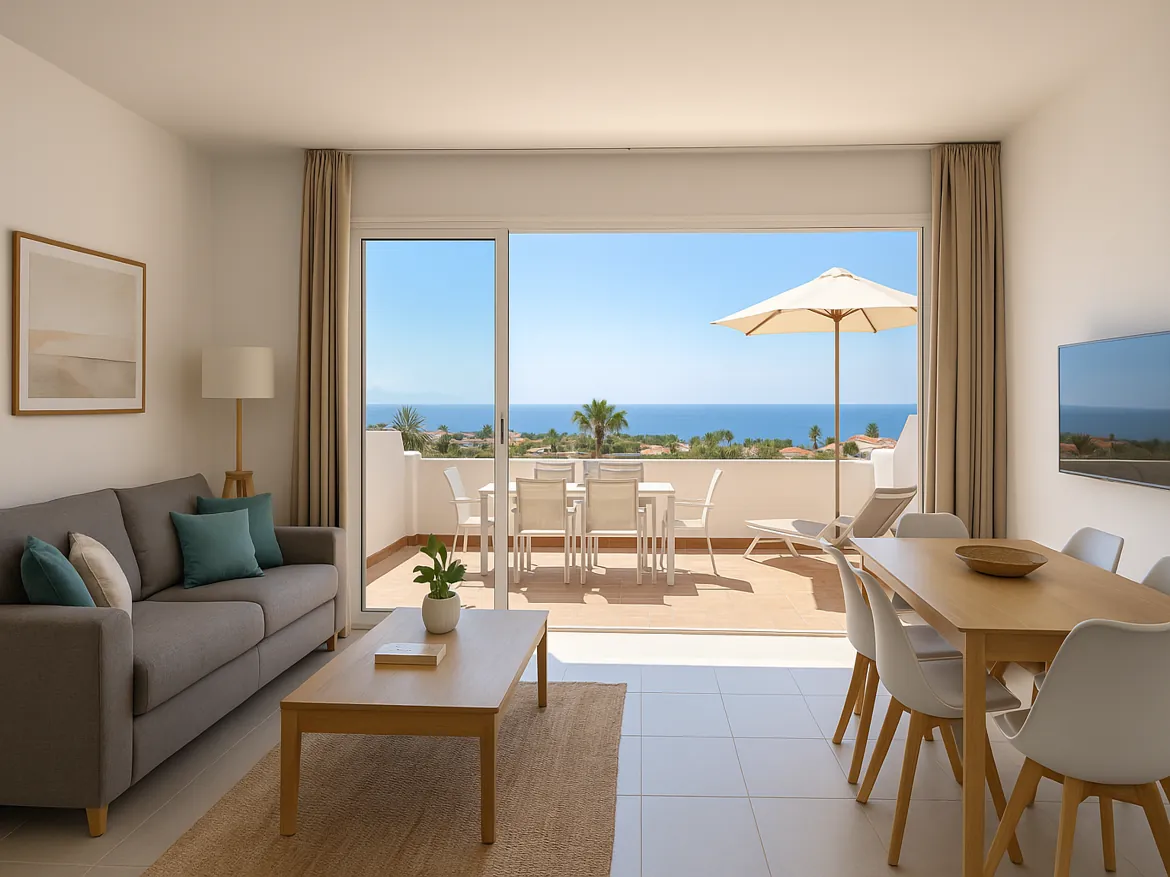 Modern living room with ocean view balcony.