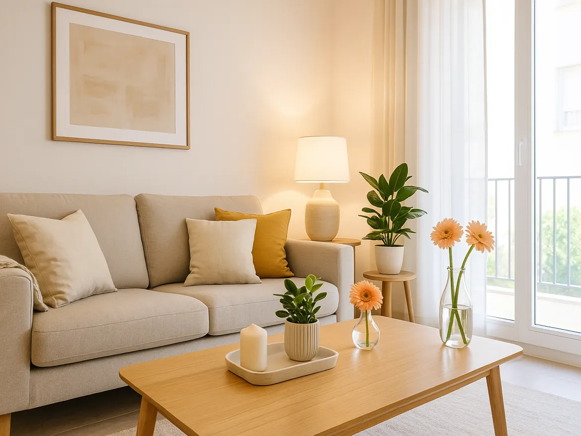 Cozy living room with plants and modern decor.