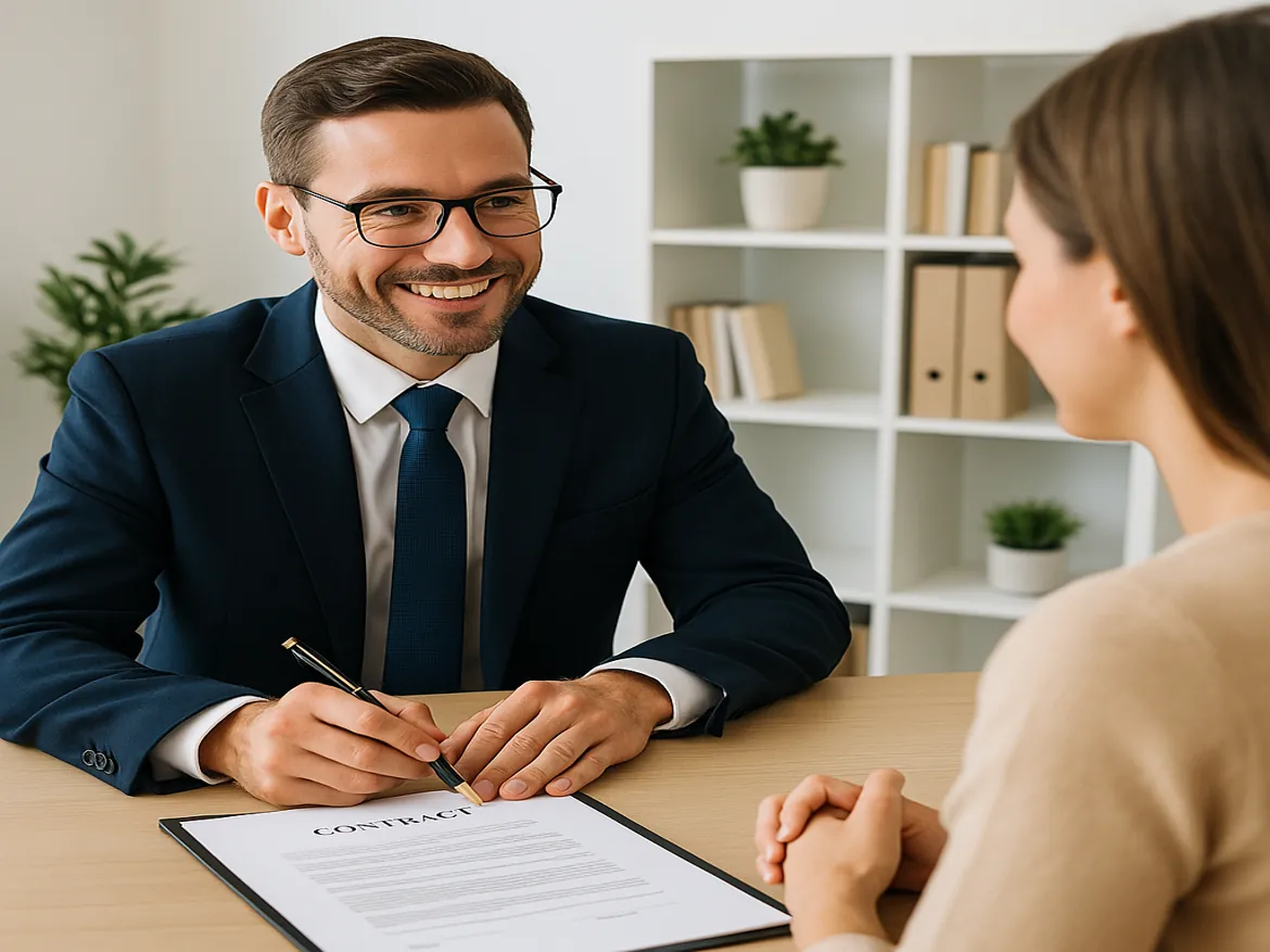 Man in suit discussing contract with woman.