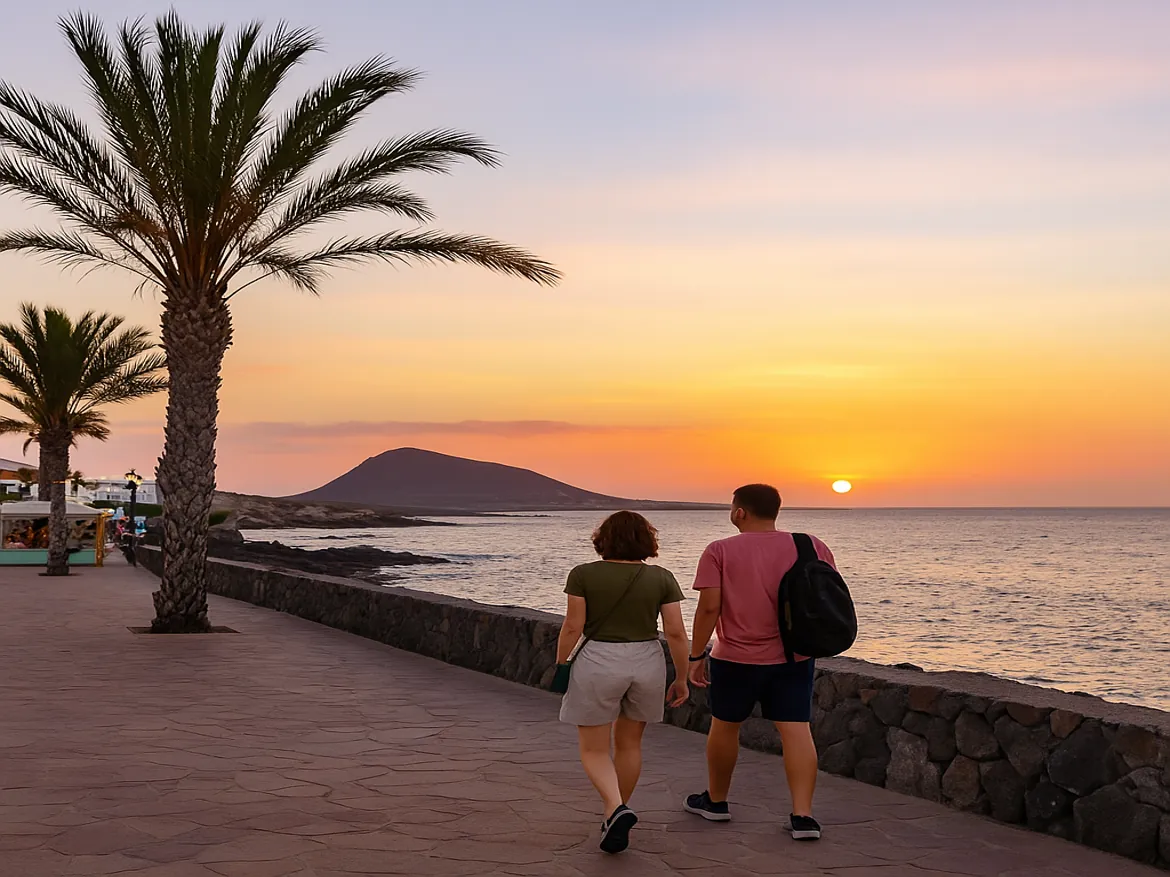 Couple walking along beach at sunset.