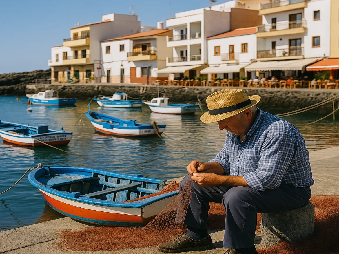 Fisherman mending net by harbor with colorful boats.