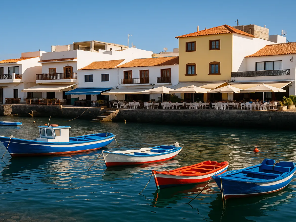 Colorful boats docked by waterfront cafe.
