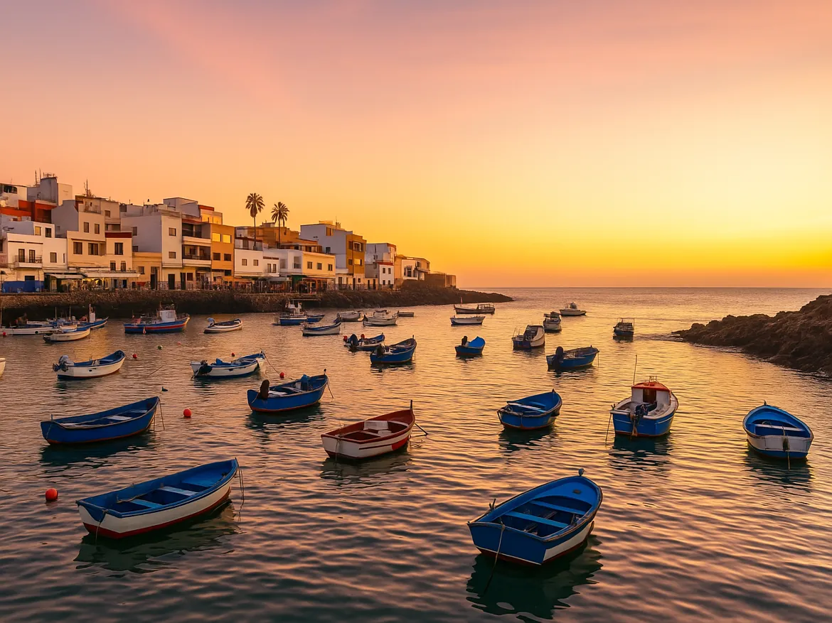 Colorful boats on sunset harbor.