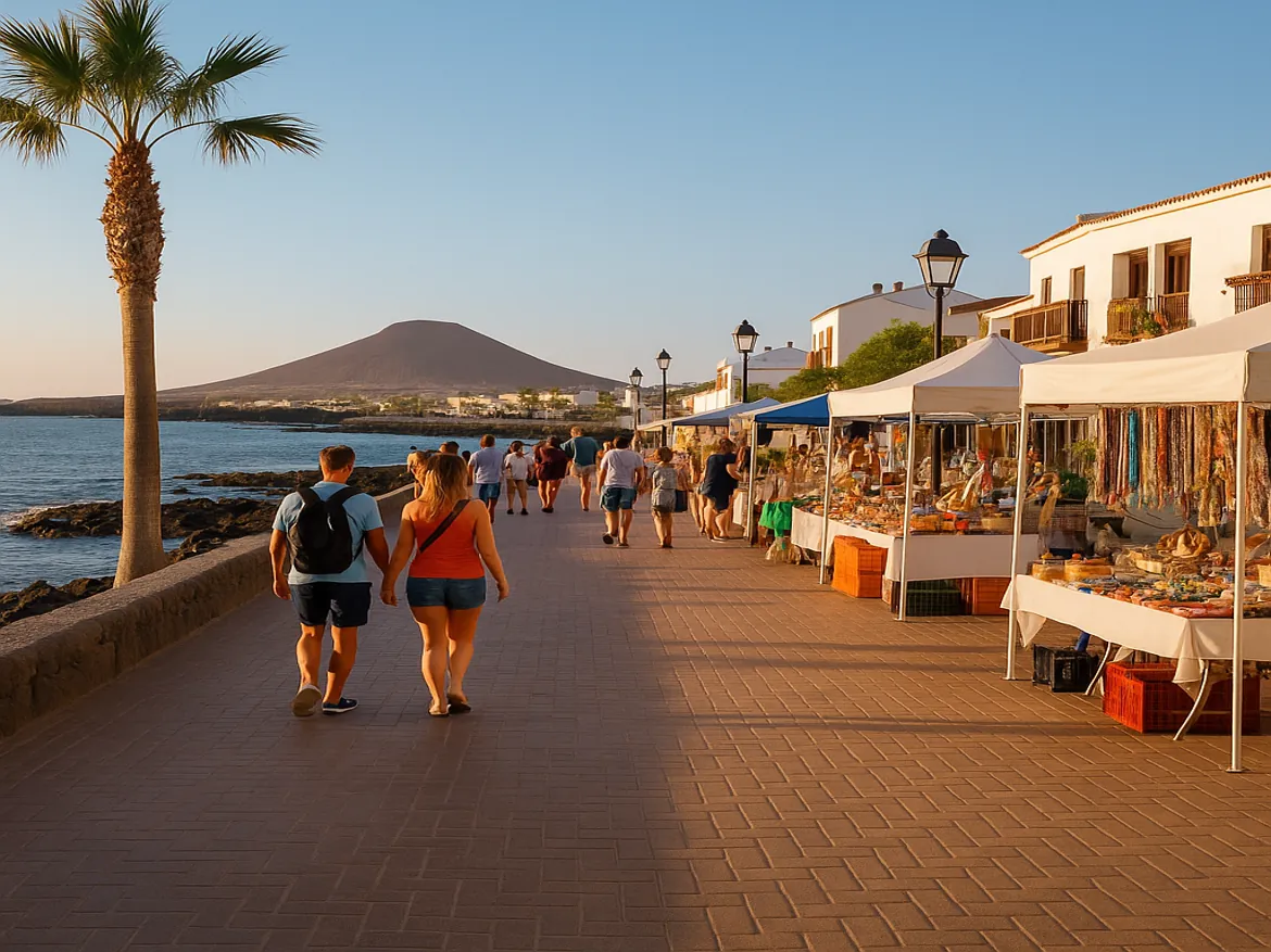 People walking along seaside market with mountain view.